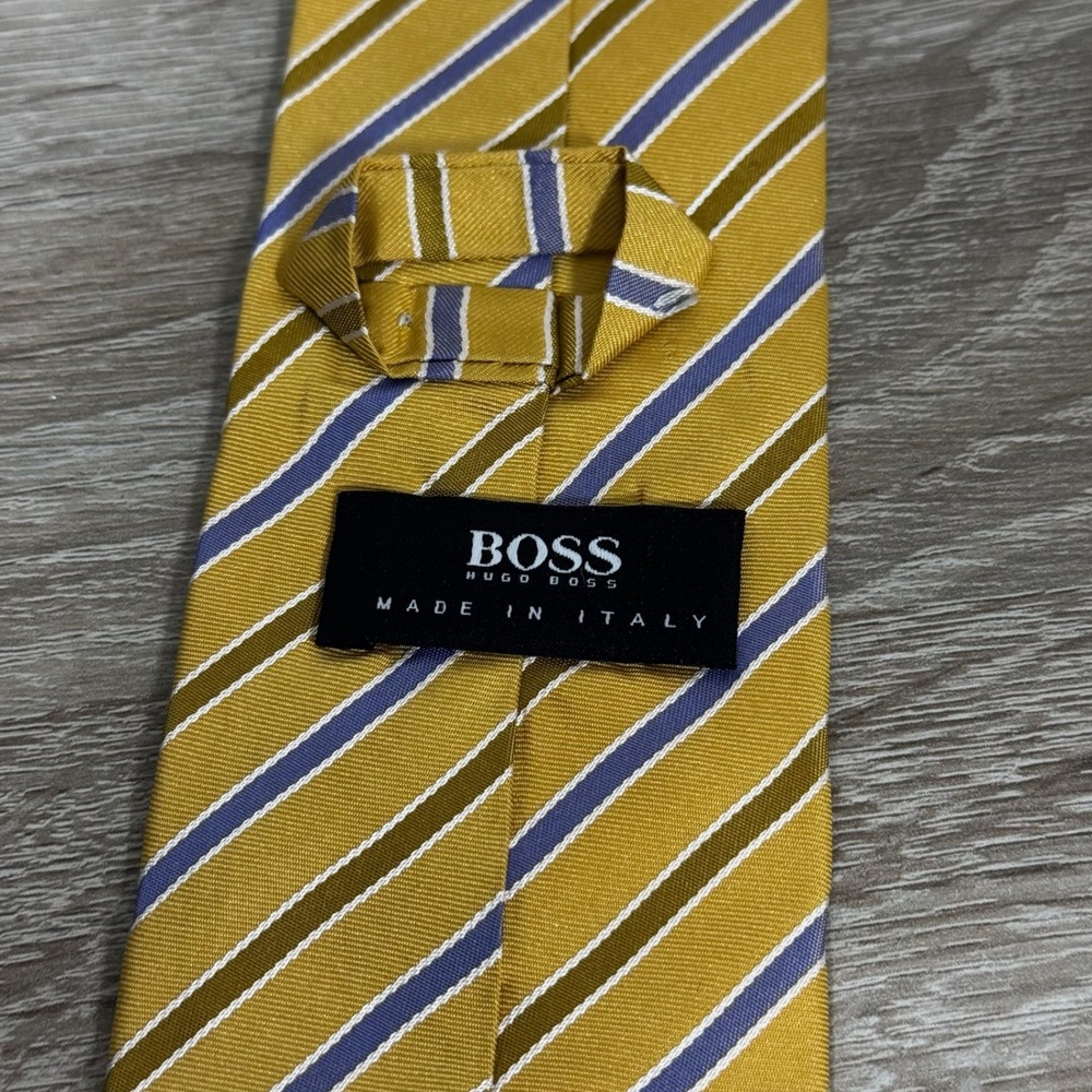 Hugo Boss Mens Silk Tie Yellow Blue‎ Brown Striped Made in Italy Necktie